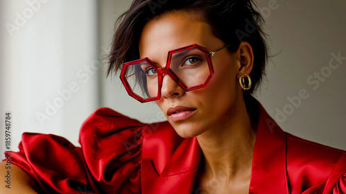 A woman wearing red glasses and a red jacket