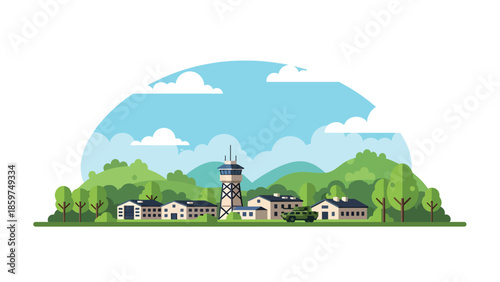 Modern vector illustration of military base with barracks and vehicles, ideal for defense infrastructure, security operations, and military organization concepts