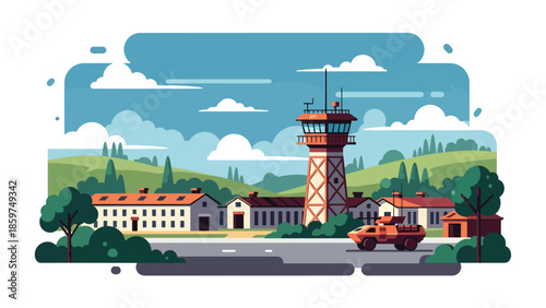 Modern vector illustration of military base with barracks and vehicles, ideal for defense infrastructure, security operations, and military organization concepts