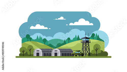Modern vector illustration of military base with barracks and vehicles, ideal for defense infrastructure, security operations, and military organization concepts