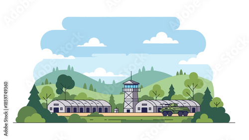 Modern vector illustration of military base with barracks and vehicles, ideal for defense infrastructure, security operations, and military organization concepts