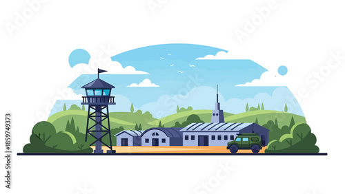 Modern vector illustration of military base with barracks and vehicles, ideal for defense infrastructure, security operations, and military organization concepts