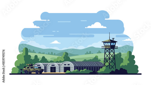 Modern vector illustration of military base with barracks and vehicles, ideal for defense infrastructure, security operations, and military organization concepts