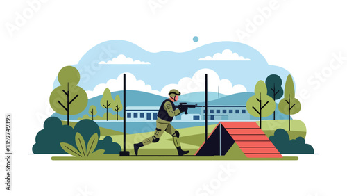 Modern vector illustration of army training exercise with soldiers in action, ideal for military education, readiness, and physical training concepts