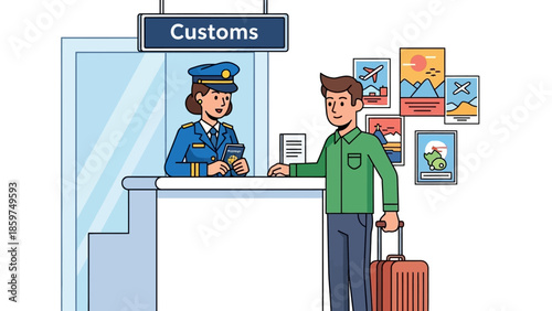 International border control procedure for travelers undergoing document verification with officer