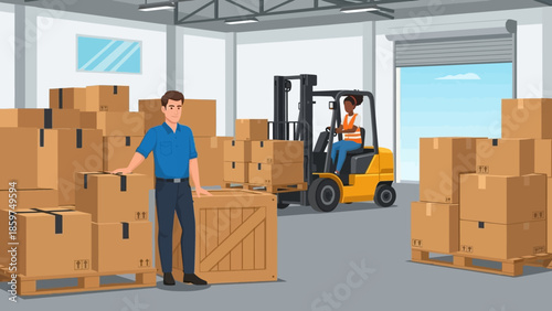 Efficient logistics operations in a modern distribution center with diverse team members handling