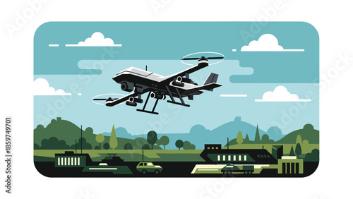 Modern vector illustration of military drone flying over abstract terrain, ideal for surveillance, defense technology, and security monitoring concepts