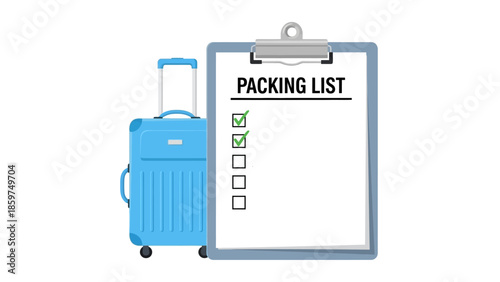 Detailed travel packing list planning for an upcoming adventure with a blue suitcase ready to go