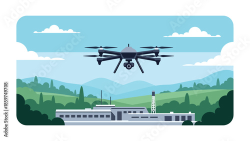 Modern vector illustration of military drone flying over abstract terrain, ideal for surveillance, defense technology, and security monitoring concepts