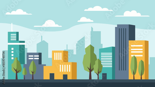 Minimalist urban landscape illustration with colorful flat design buildings and green trees under