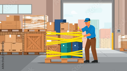Dedicated warehouse worker efficiently securing freight with strapping for streamlined logistical