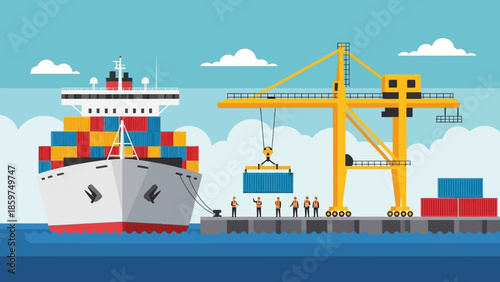 Efficient global trade logistics with large container ship and active crane at bustling commercial