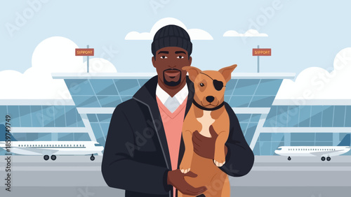 Caring owner with his service dog ready for international travel journey at a modern airport