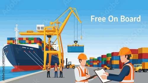 Global shipping logistics at a busy port with gantry cranes, cargo ships, and dock workers