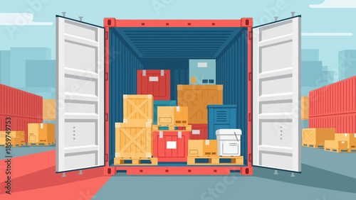 Vibrant illustration of a shipping container loaded with diverse goods for global cargo logistics