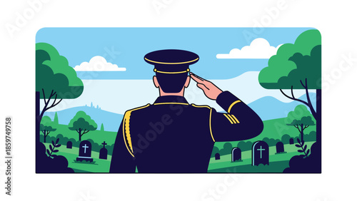 Modern vector illustration of soldier saluting, respectful military service and honor concept ideal for remembrance and ceremonial visuals