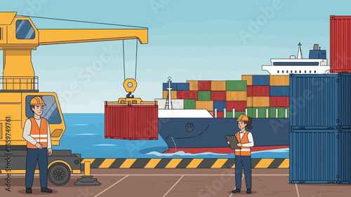 Dynamic port operations managing global cargo shipping with dedicated logistics team and powerful