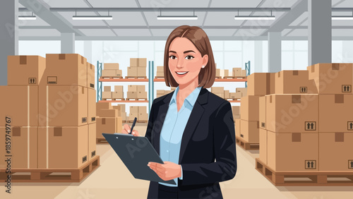 Efficient female professional overseeing goods storage and supply chain operations in a bustling