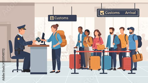 Diverse international travelers queuing at airport customs for passport control and immigration