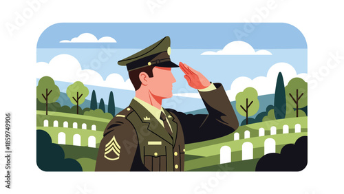 Modern vector illustration of soldier saluting, respectful military service and honor concept ideal for remembrance and ceremonial visuals