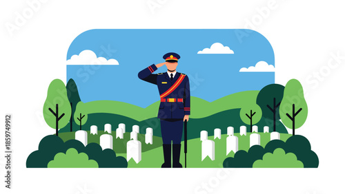 Modern vector illustration of soldier saluting, respectful military service and honor concept ideal for remembrance and ceremonial visuals