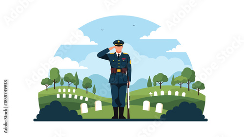 Modern vector illustration of soldier saluting, respectful military service and honor concept ideal for remembrance and ceremonial visuals