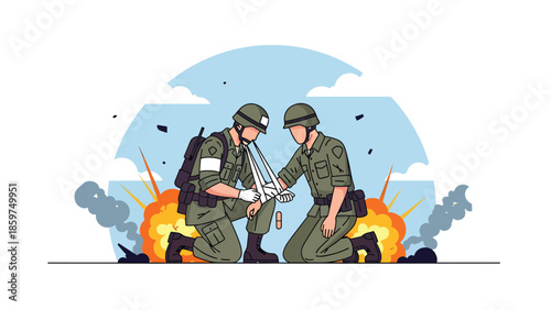 Modern vector illustration of military medic providing first aid, humanitarian support role ideal for medical, rescue, and defense assistance concepts