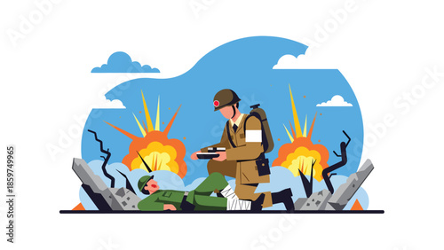 Modern vector illustration of military medic providing first aid, humanitarian support role ideal for medical, rescue, and defense assistance concepts