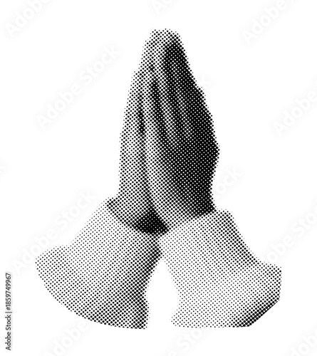 Praying hands in halftone style isolated on white background, black and white dotted Illustration symbolizing faith, spirituality, hope, and meditation