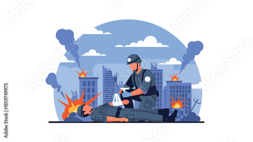 Modern vector illustration of military medic providing first aid, humanitarian support role ideal for medical, rescue, and defense assistance concepts