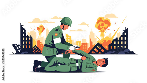 Modern vector illustration of military medic providing first aid, humanitarian support role ideal for medical, rescue, and defense assistance concepts