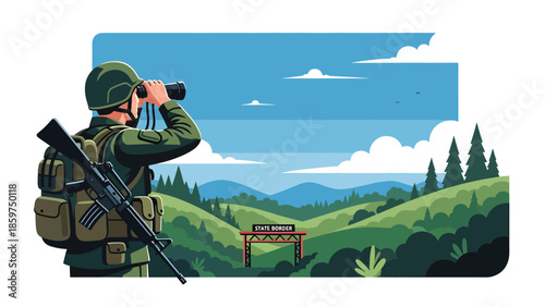 Modern vector illustration of soldier observing with binoculars, ideal for surveillance, border security, and military monitoring concepts