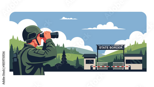 Modern vector illustration of soldier observing with binoculars, ideal for surveillance, border security, and military monitoring concepts