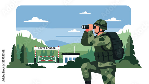 Modern vector illustration of soldier observing with binoculars, ideal for surveillance, border security, and military monitoring concepts