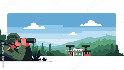 Modern vector illustration of soldier observing with binoculars, ideal for surveillance, border security, and military monitoring concepts