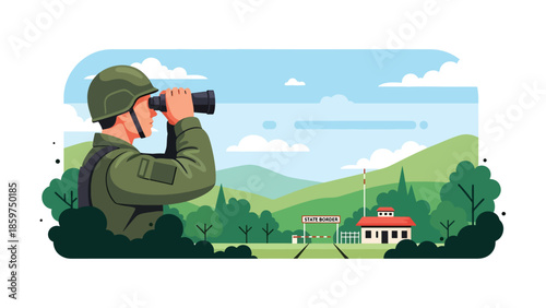 Modern vector illustration of soldier observing with binoculars, ideal for surveillance, border security, and military monitoring concepts