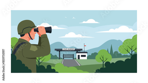 Modern vector illustration of soldier observing with binoculars, ideal for surveillance, border security, and military monitoring concepts