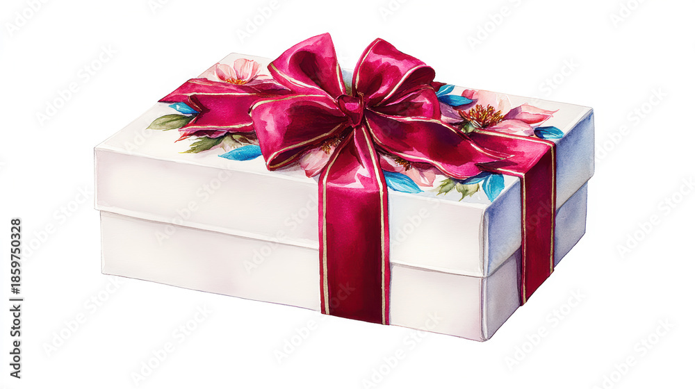 Fototapeta premium Elegant festive gift box watercolor illustration, isolated on white, adorned with fuchsia ribbon, pink flowers, and blue leaves.