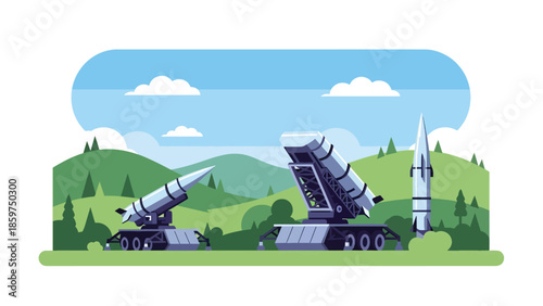 Modern vector illustration of missile defense system installation, ideal for defense technology, infrastructure, and national security visuals