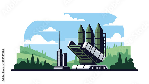 Modern vector illustration of missile defense system installation, ideal for defense technology, infrastructure, and national security visuals