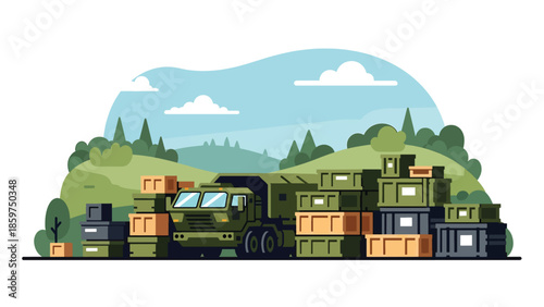 Modern vector illustration of military logistics with supply crates and transport vehicles, ideal for defense supply chain and operations concepts