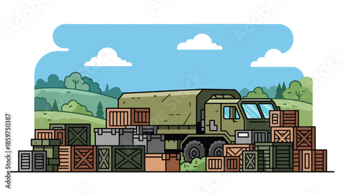 Modern vector illustration of military logistics with supply crates and transport vehicles, ideal for defense supply chain and operations concepts