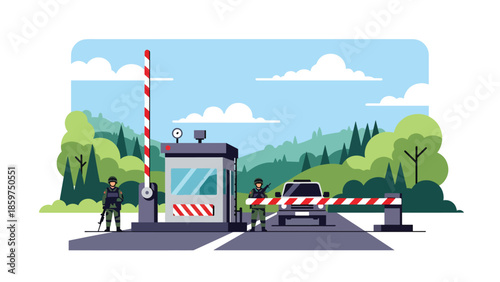 Modern vector illustration of military checkpoint with barriers and guard post, ideal for border security, safety, and defense control concepts