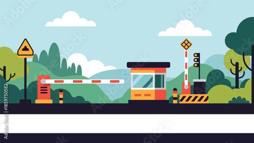 Modern vector illustration of military checkpoint with barriers and guard post, ideal for border security, safety, and defense control concepts