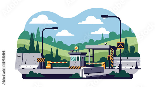 Modern vector illustration of military checkpoint with barriers and guard post, ideal for border security, safety, and defense control concepts