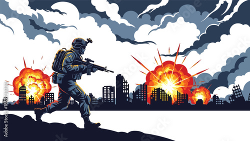 Modern vector illustration of soldier wearing protective gear and helmet, ideal for safety, preparedness, and defense readiness concepts