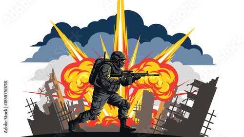 Modern vector illustration of soldier wearing protective gear and helmet, ideal for safety, preparedness, and defense readiness concepts