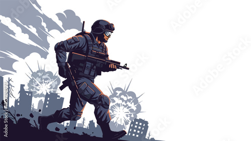 Modern vector illustration of soldier wearing protective gear and helmet, ideal for safety, preparedness, and defense readiness concepts