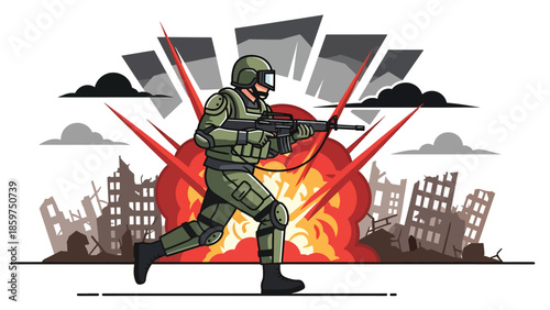 Modern vector illustration of soldier wearing protective gear and helmet, ideal for safety, preparedness, and defense readiness concepts
