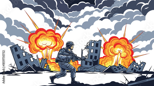 Modern vector illustration of soldier wearing protective gear and helmet, ideal for safety, preparedness, and defense readiness concepts